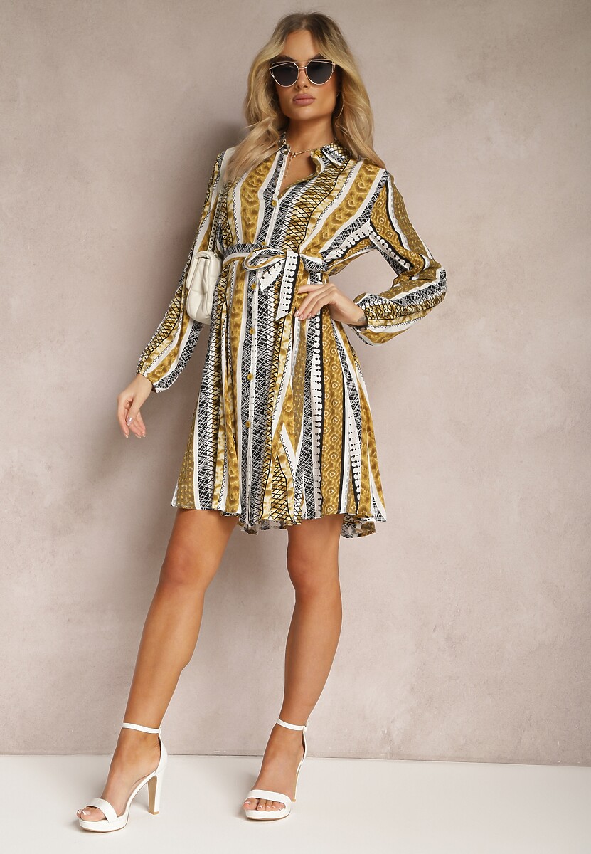 Żółta Wiskozowa Sukienka Koszulowa z Paskiem w Talii Rozkloszowana Urdiasa