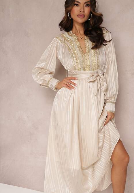 Beżowa Metaliczna Sukienka z Ozdobnym Dekoltem i Paskiem Adyson