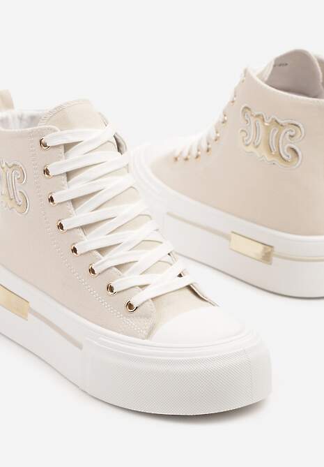 Beżowe Trampki na Platformie z Wysoką Cholewką i Naszywką Nurissea