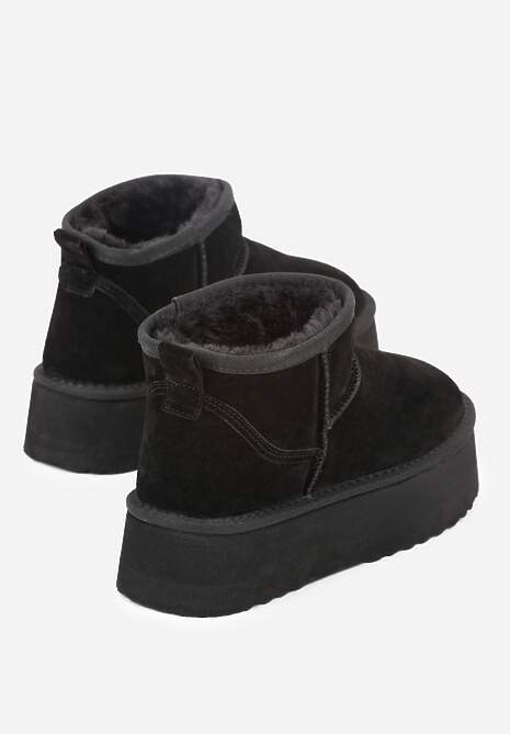 Czarne Wsuwane Śniegowce z Zamszu Naturalnego na Grubej Podeszwie Mevilira