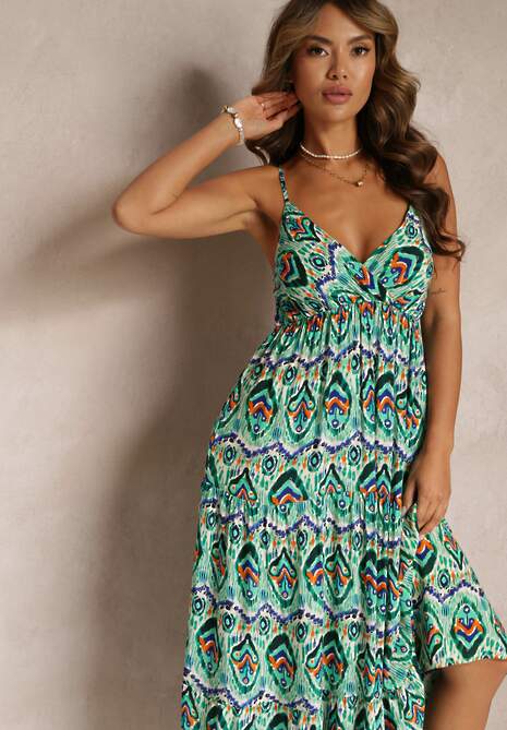 Zielona Wiskozowa Sukienka na Ramiączkach z Gumką w Pasie i Głębokim Dekoltem Konille