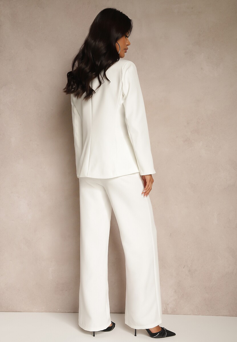 Biały Garniturowy Komplet Spodnie Wide Leg i Marynarka Arezellia