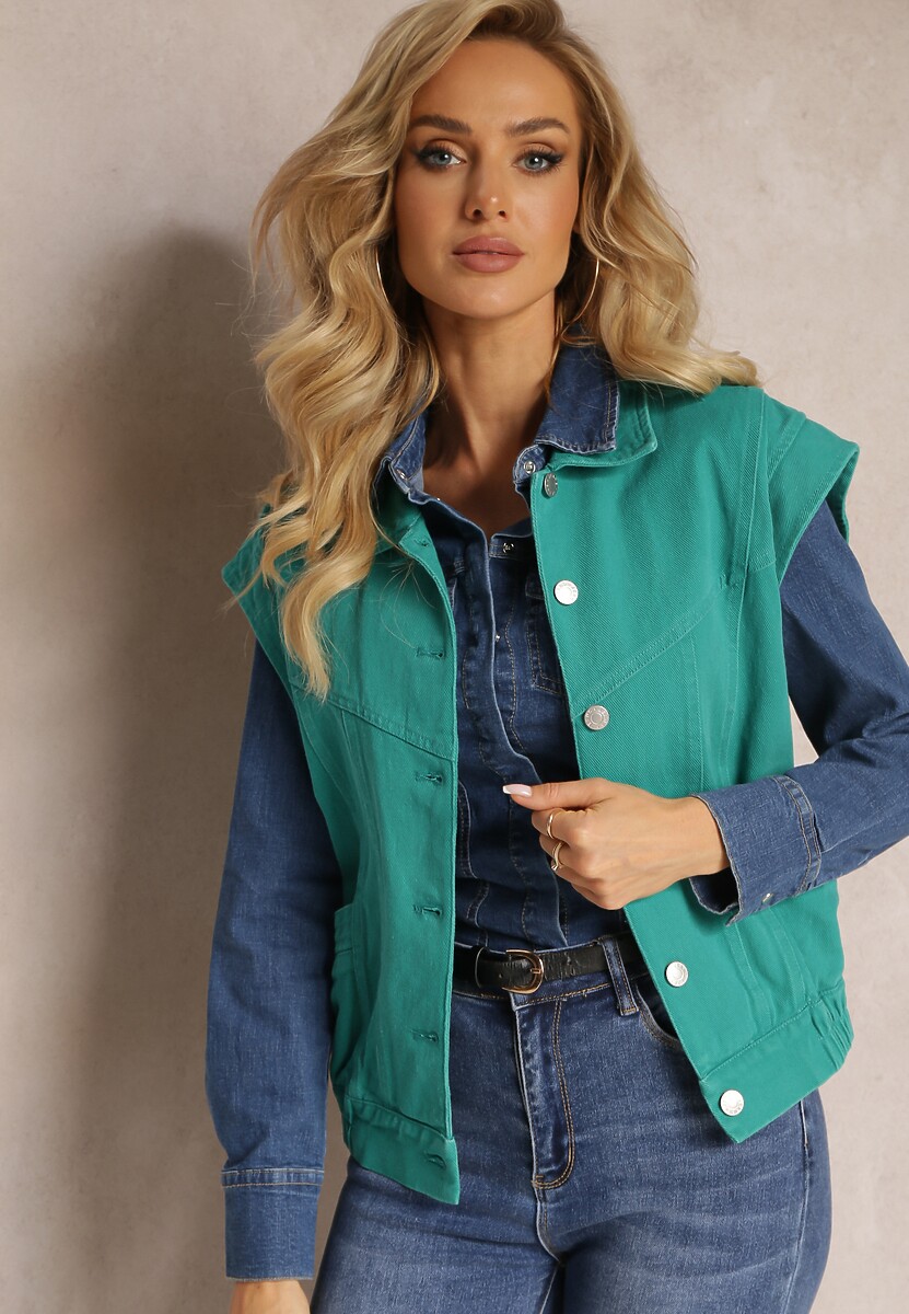 Zielona Jeansowa Kamizelka z Bawełny Zapinana na Guziki z Kieszeniami Yevani