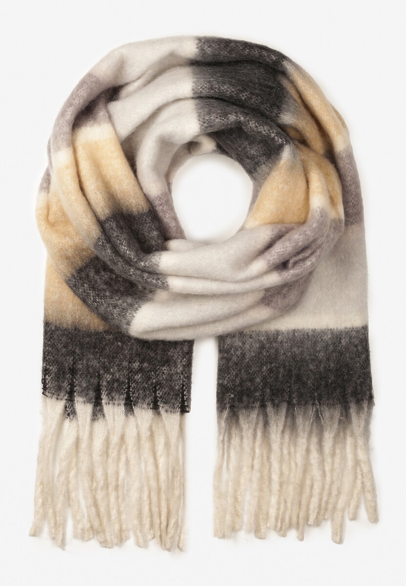 Szary Prostokątny Szalik w Szeroką Kratę z Frędzlami Vansile