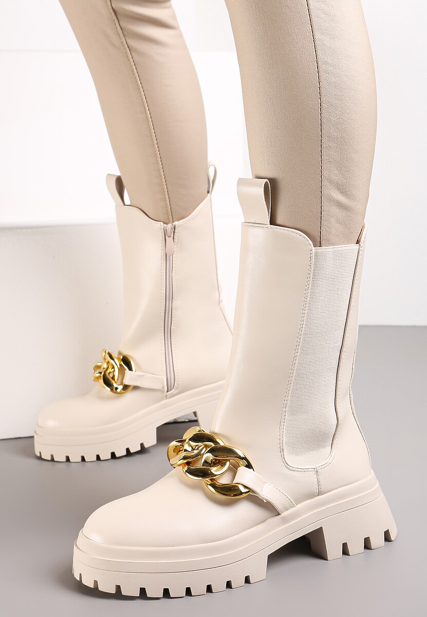 Beżowe Botki Workery na Grubej Podeszwie z Łańcuchem Sylasse