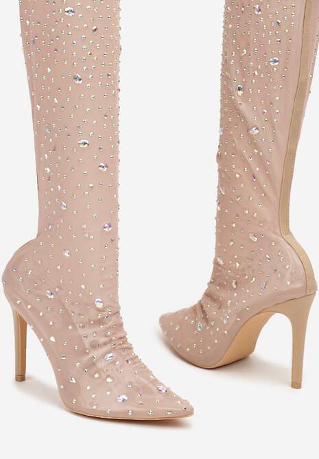 Beżowe Kozaki na Szpilce za Kolano z Przezroczystą Cholewką Ozdobione Cyrkoniami Felilorn