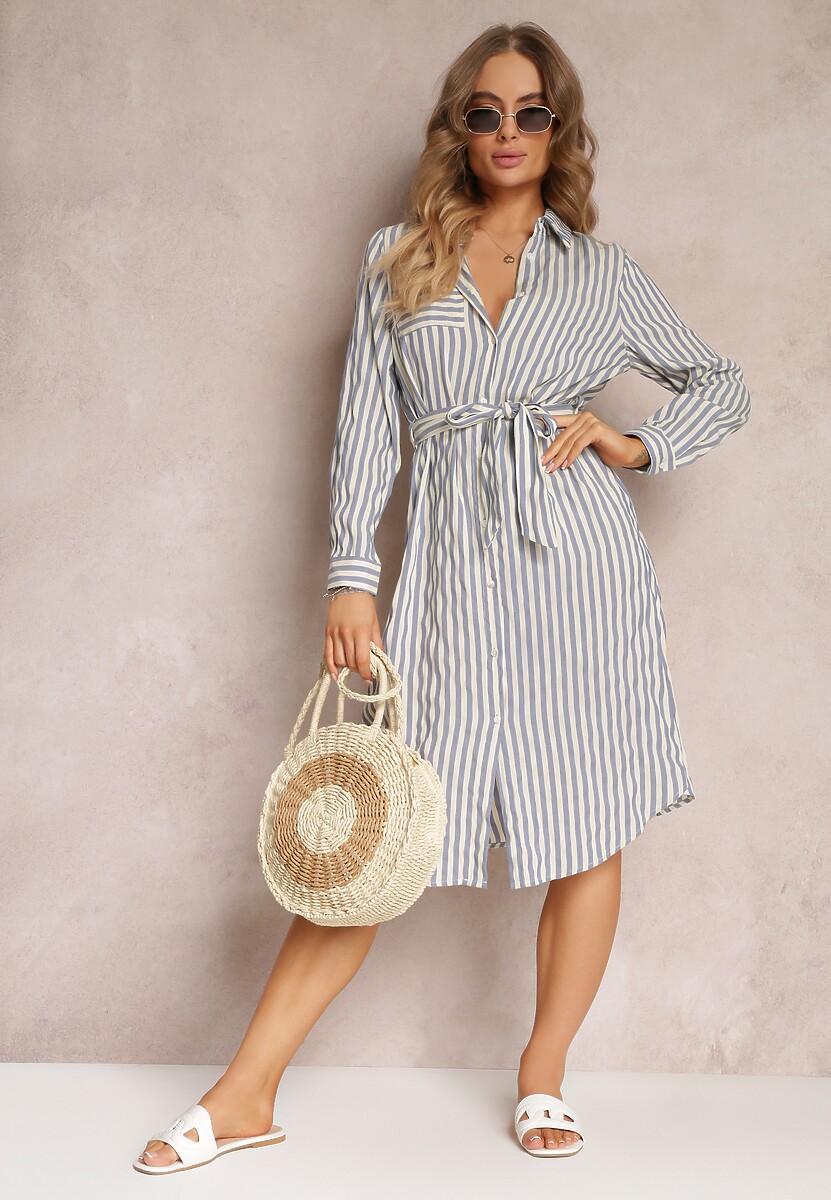 Jasnoniebieska Sukienka Koszulowa z Bawełny w Paski i Wiązanym Paskiem Mayreli