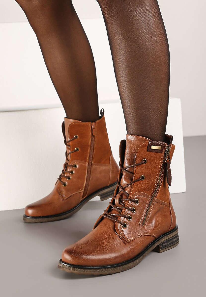 Brązowe Botki Sznurowane z Zamkiem Hiyab