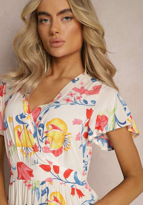 Biała Kwiatowa Sukienka o Rozkloszowanym Fasonie Maxi z Wiskozy z Falbanką Acatie