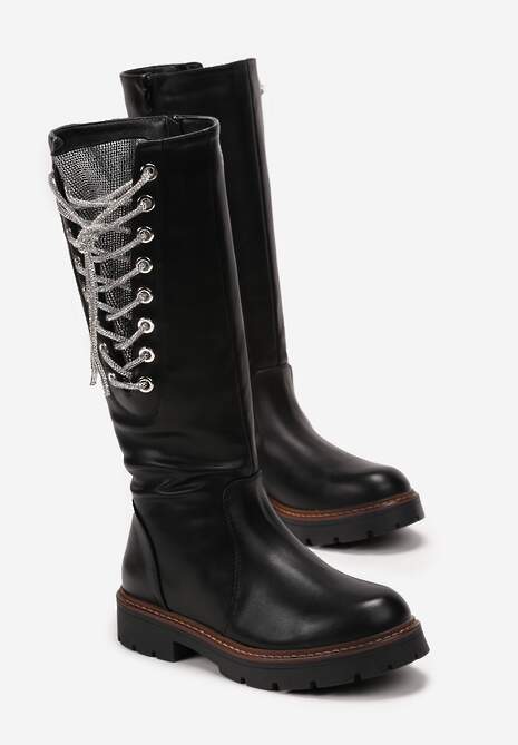 Czarne Kozaki z Cholewką Przed Kolano i Wiązaniem ze Sznurowadeł z Cyrkoniami Suvella