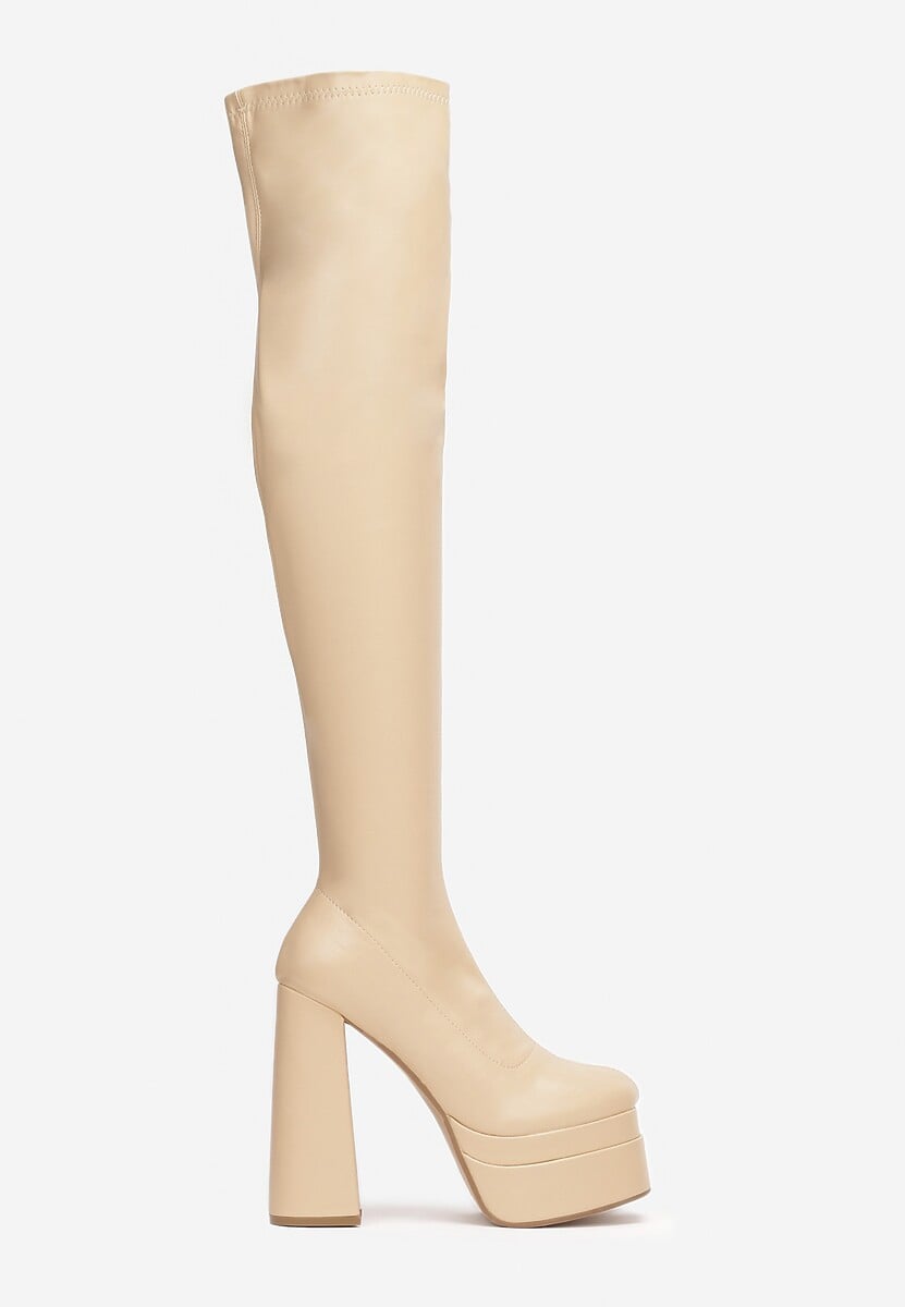 Beżowe Kozaki na Platformie i Słupku Kimia