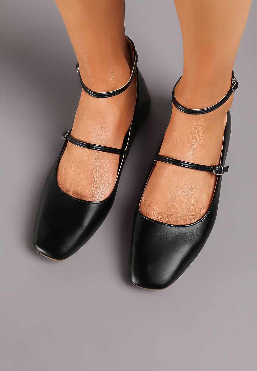 Czarne Balerinki z Imitacji Skóry na Płaskiej Podeszwie z Dwiema Sprzączkami Rosalalia