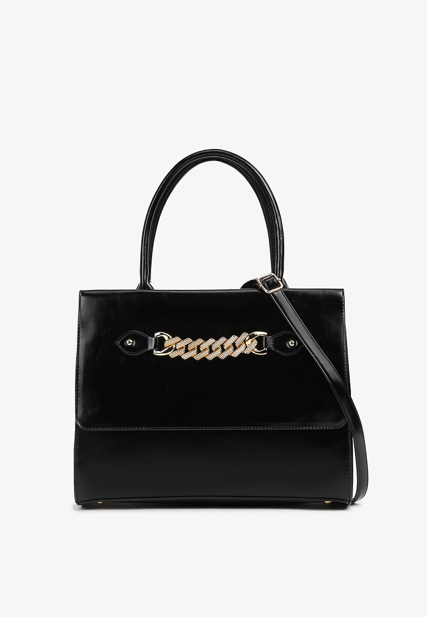 Czarna Torebka na Regulowanym Pasku z Łańcuszkiem i Dwiema Rączkami Sassisha