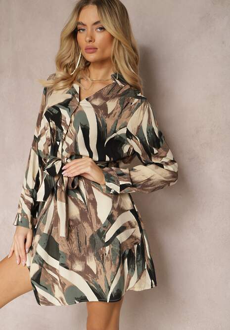 Ciemnobeżowa Wiskozowa Pudełkowa Sukienka z Kieszeniami i Paskiem Bordelia