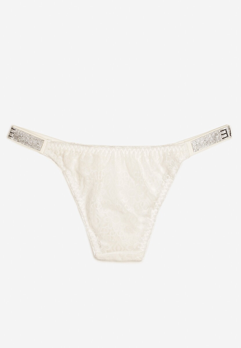 Białe Bawełniane Majtki Figi z Koronki Ozdobione Cyrkoniami Elenivia