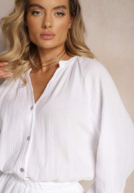 Biały Kombinezon z Bawełny ze Spódnico-Spodenkami i Guzikami oraz Gumką w Talii Vimatthea