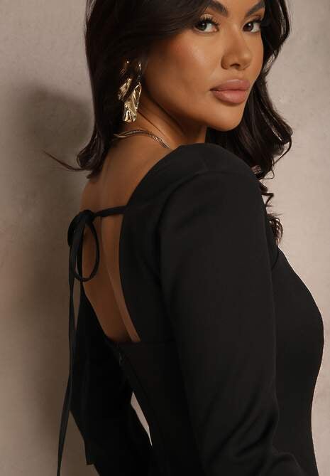 Czarna Ołówkowa Sukienka z Eleganckim Wiązaniem i Imitacją Kieszeni Tillamera