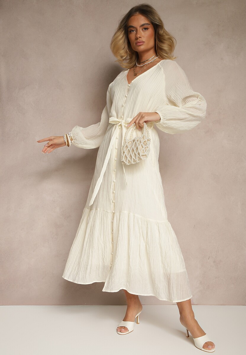 Jasnobeżowa Sukienka z Wiskozy Taliowana z Rozkloszowanym Dołem o Koszulowym Kroju Emlio