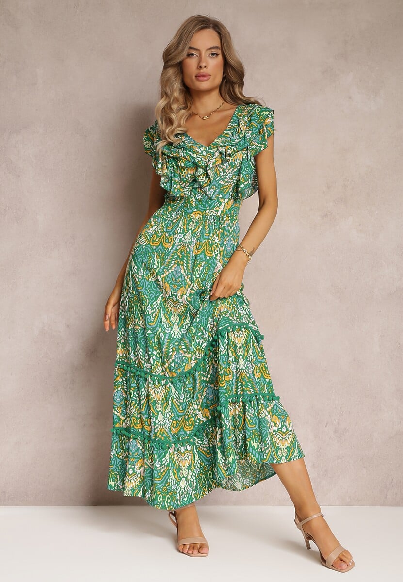 Zielona Wiskozowa Sukienka Maxi z Pomponami i Gumką w Talii Belmona