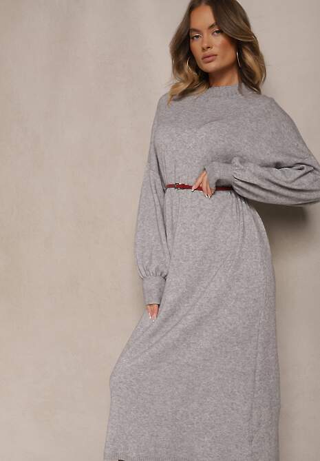 Szara Pudełkowa Sukienka z Wiskozą i Półgolfem Salindra