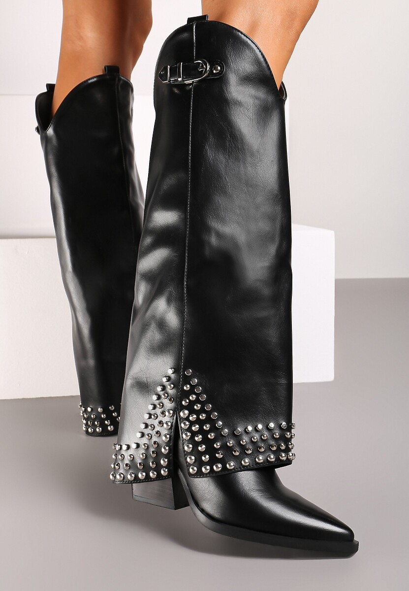 Czarne Kozaki z Ekoskóry w Stylu Kowbojek z Nitami i Wywiniętą Cholewką Irimora