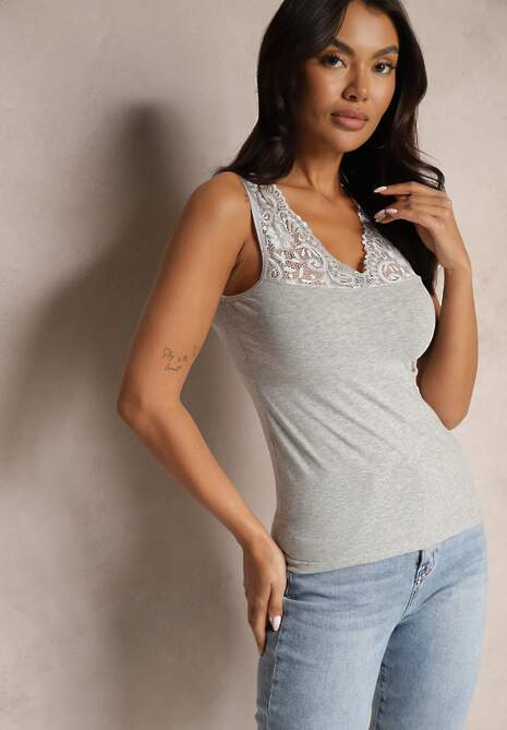 Ciemnoszary Bawełniany Top Ozdobiony Koronką Fariona