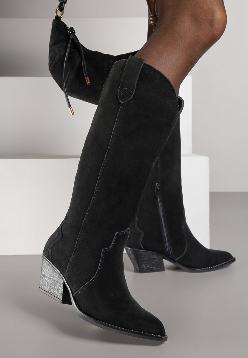 Czarne Kozaki Typu Kowbojki na Stożku z Naturalnego Zamszu Adeora