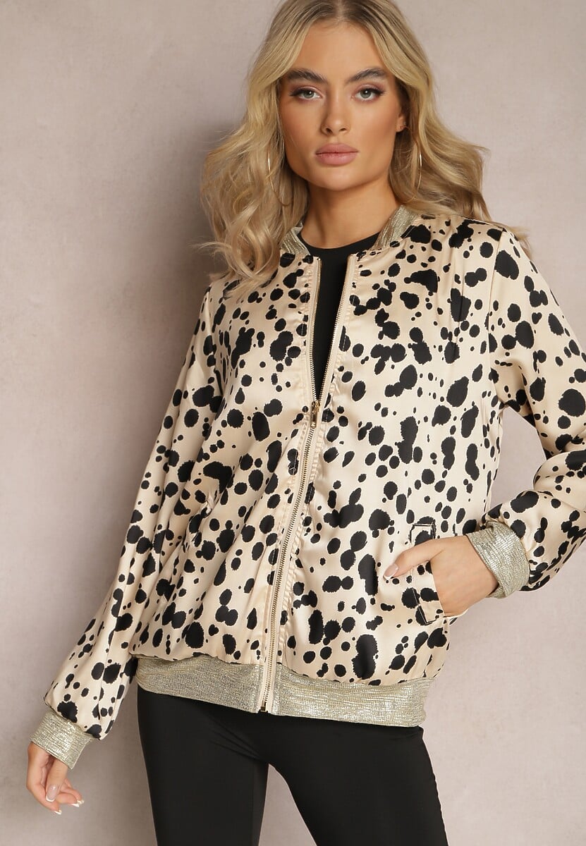 Beżowa Bluza Bomberka Zapinana na Suwak w Kropki z Metalicznymi Wykończeniami Venicorre