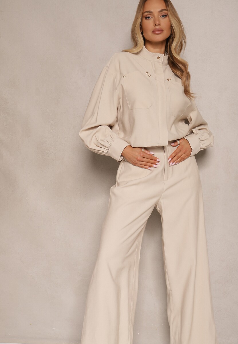 Beżowy Komplet z Wiskozy Kurtka ze Stójką i Spodnie o Szerokim Kroju Anoilla