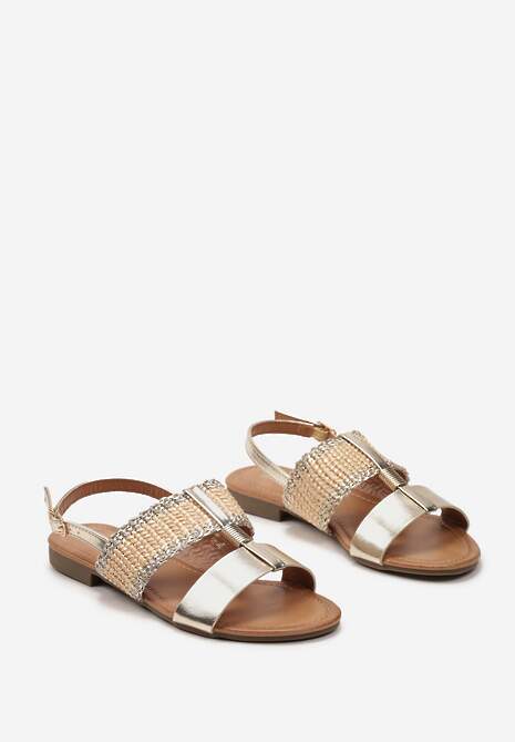 Złote Sandały z Ekoskóry ze Sprzączką z Metalicznymi Wstawkami i Plecionką Ursules