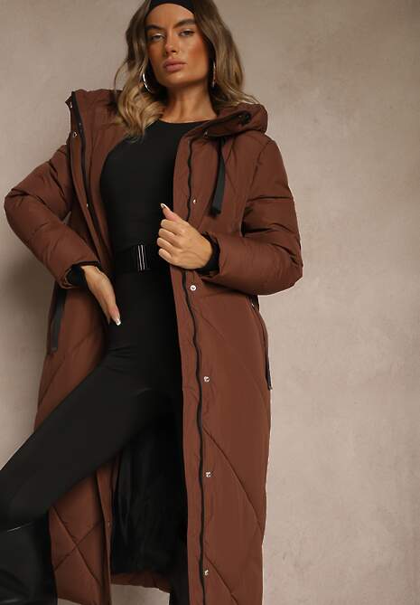 Brązowa Pudełkowa Kurtka o Długim Kroju z Pikowanymi Przeszyciami Kapturem i Kieszeniami Calatta