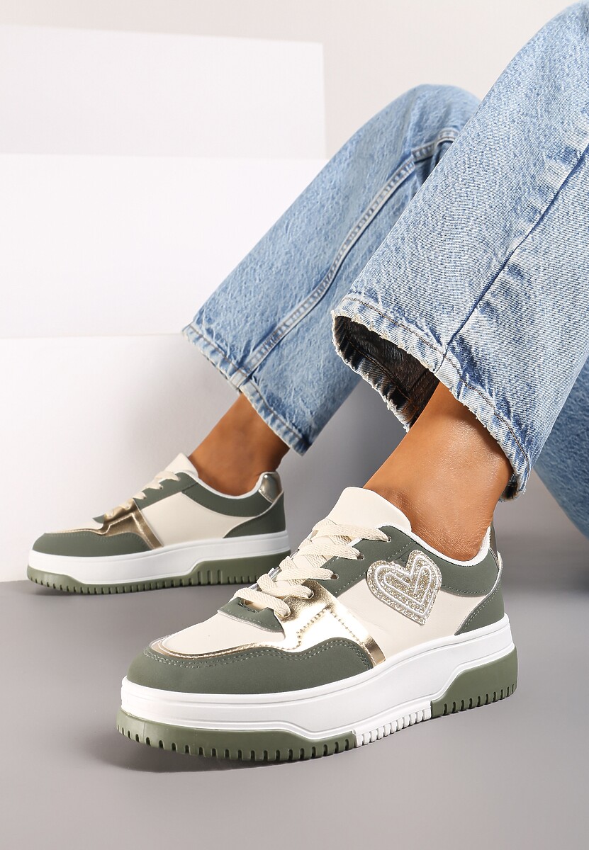 Zielone Sneakersy z Brokatową Naszywką w Kształcie Serca Avioneria