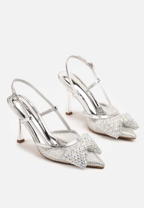 Srebrne Sandały Siateczkowe Vices na Szpilce Zdobione Kokardą i Cekinami Reandra