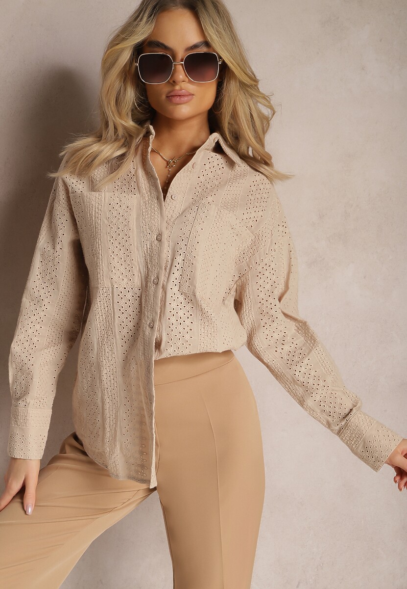 Ciemnobeżowa Koszula z Wiskozy Luźna z Ażurowymi Zdobieniami Assentima