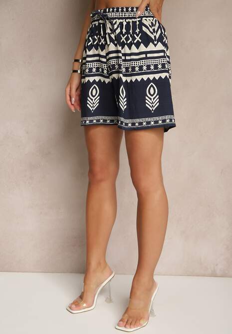Granatowe Wiskozowe Szorty High Waist ze Wzorem Boho Lunadora