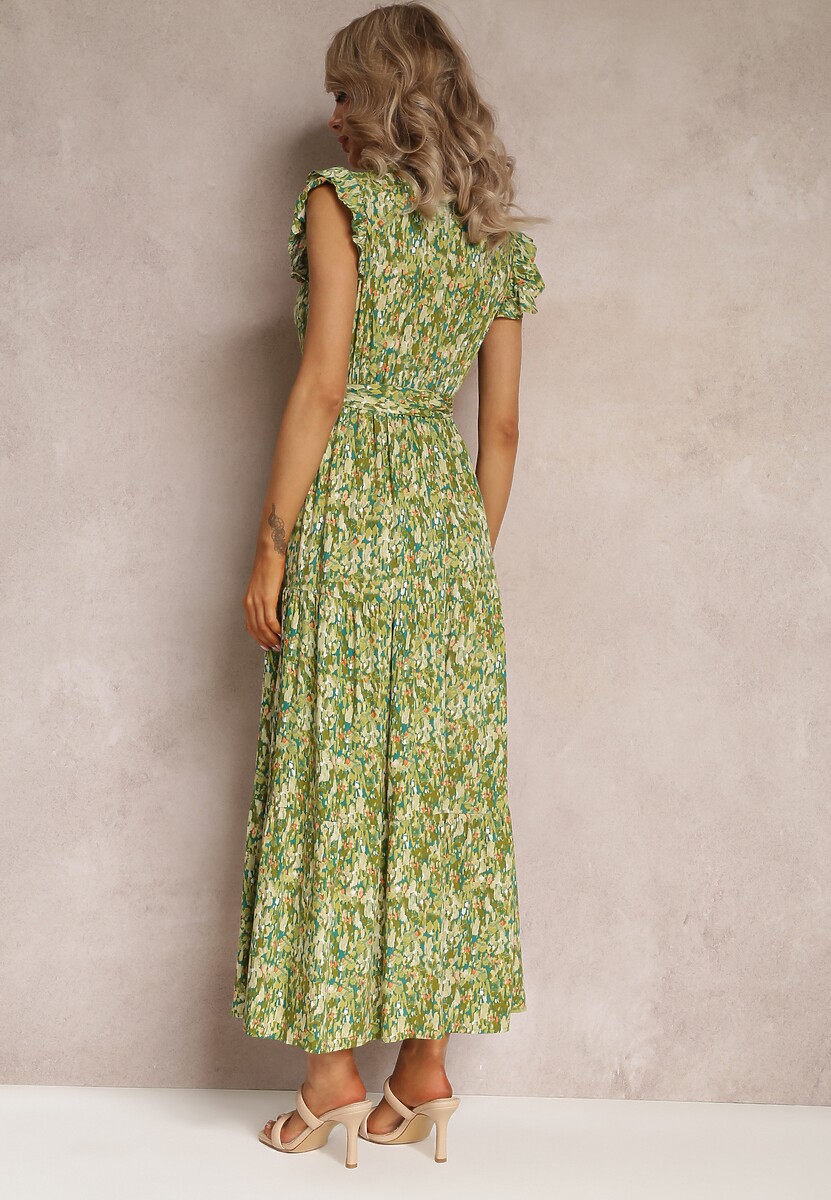 Zielona Rozkloszowana Sukienka z Gumką w Talii i Falbanką Samat