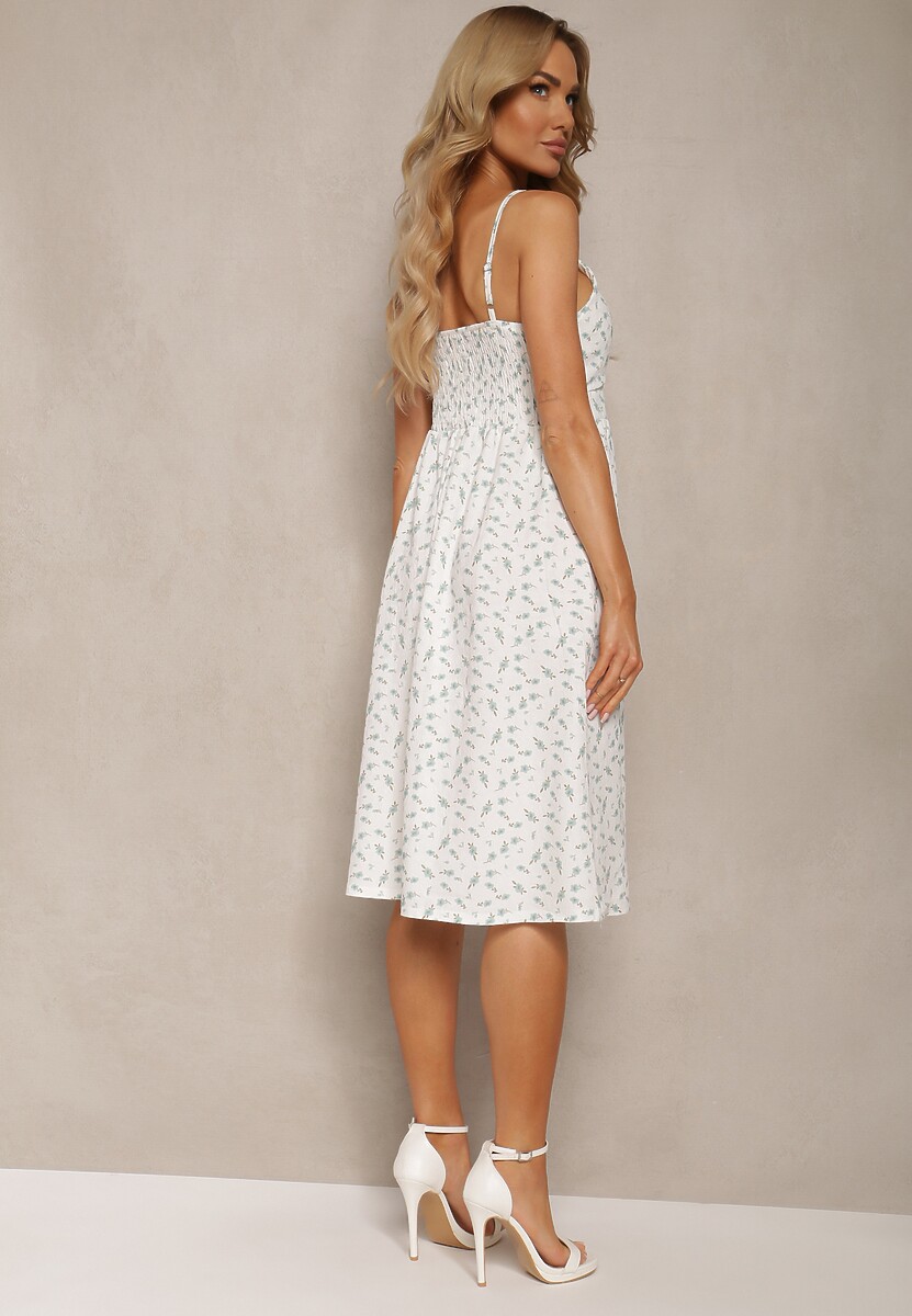 Biało-Zielona Sukienka o Rozkloszowanym Kroju na Ramiączkach w Kwiaty Sereri