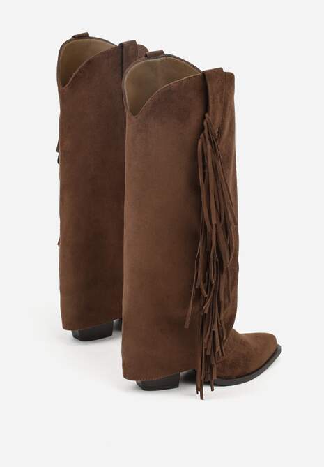 Brązowe Kozaki Kowbojki na Stożku z Cholewką Imitującą Nogawkę z Frędzlami Monettea