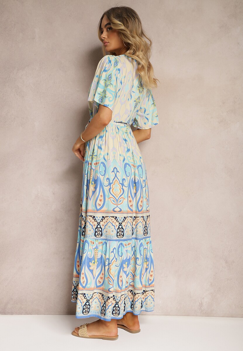 Niebieska Boho Sukienka z Wiskozy z Ozdobnymi Guzikami i Cienkim Paskiem w Talii Dimosia