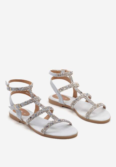 Jasnoniebieskie Sandały z Kamyczkami i Cyrkoniami ze Sprzączką przy Kostce Risaja