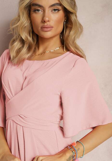 Jasnoróżowa Rozkloszowana Sukienka Maxi z Szerokim Rękawem i Gumką w Pasie Sador