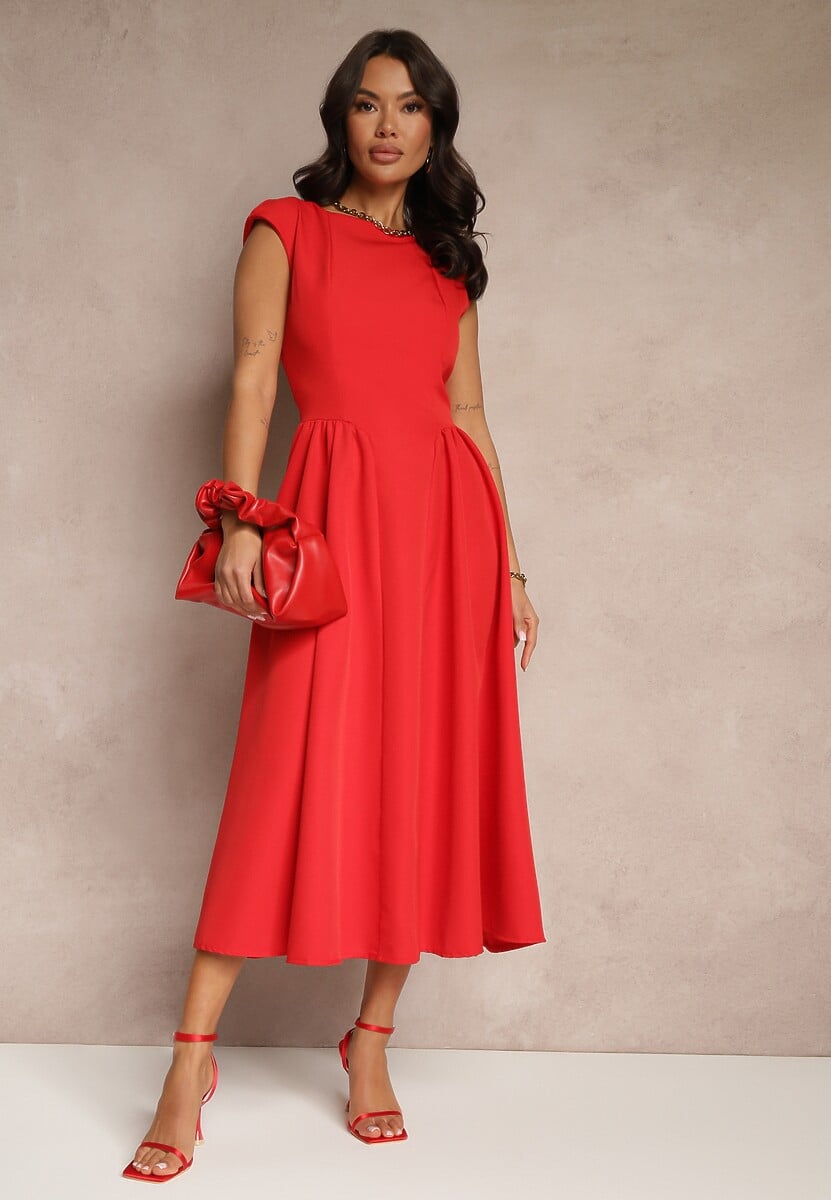 Czerwona Rozkloszowana Sukienka z Wiązaniem i Dekoltem w Kształcie Łódki Alanira