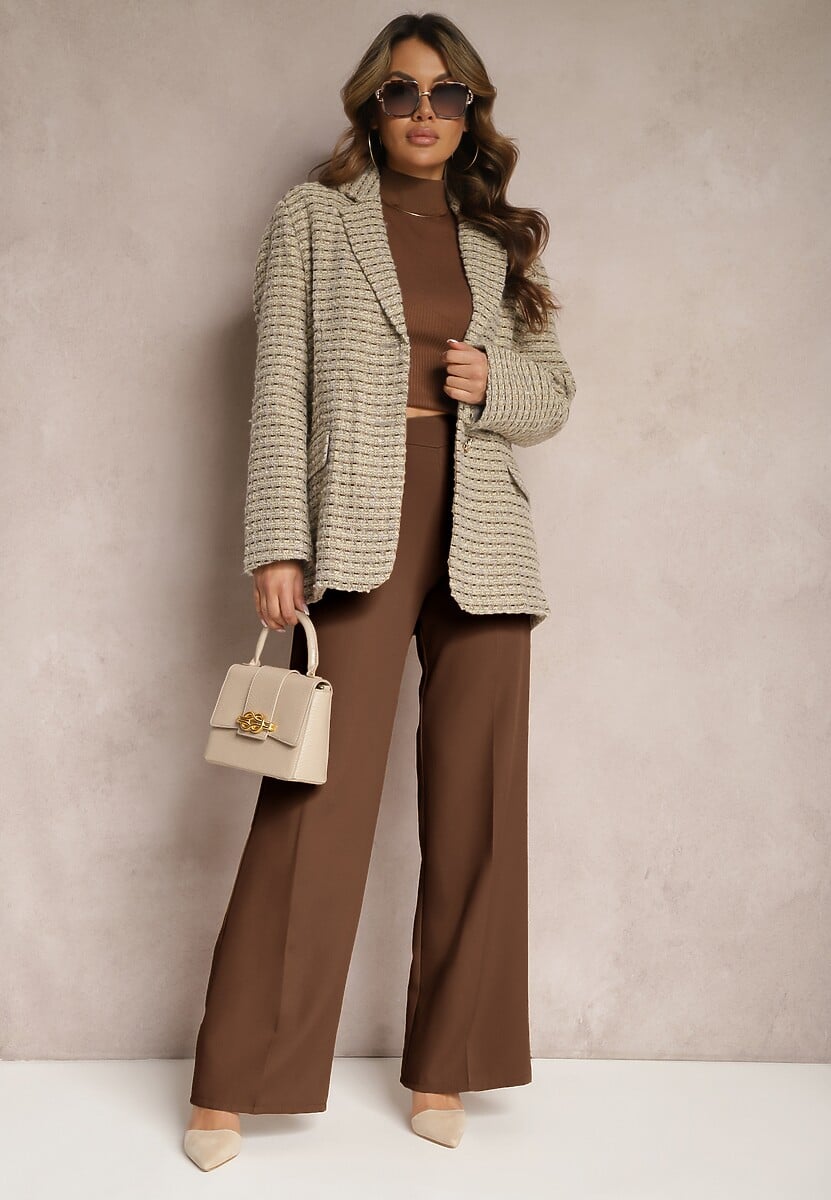 Szaro-Beżowa Tweedowa Marynarka Jednorzędowa z Ozdobnymi Guzikami Arielitta