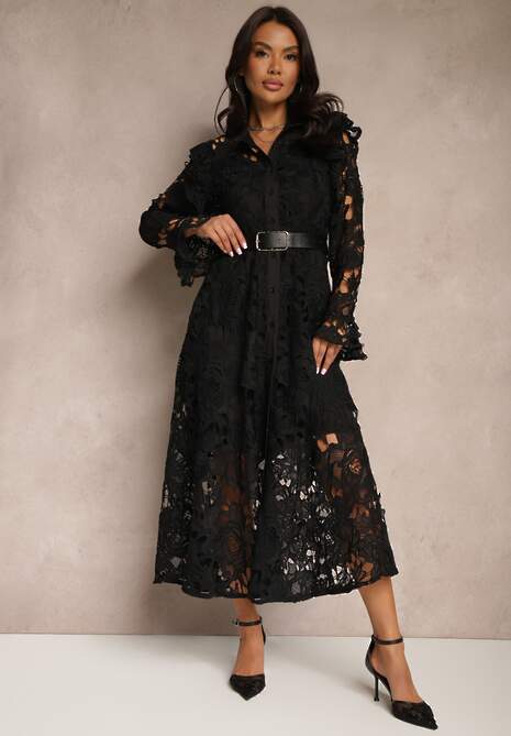 Czarna Koronkowa Maxi Sukienka o Rozkloszowanym Fasonie Sedumma