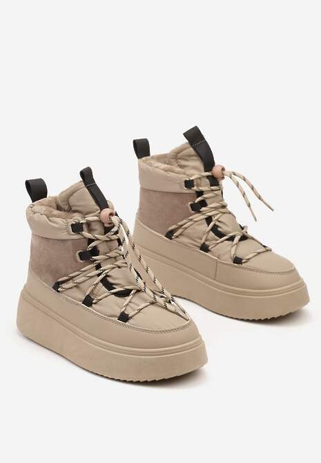 Beżowe Sznurowane Śniegowce Mocno Ocieplane na Platformie Tinnacia