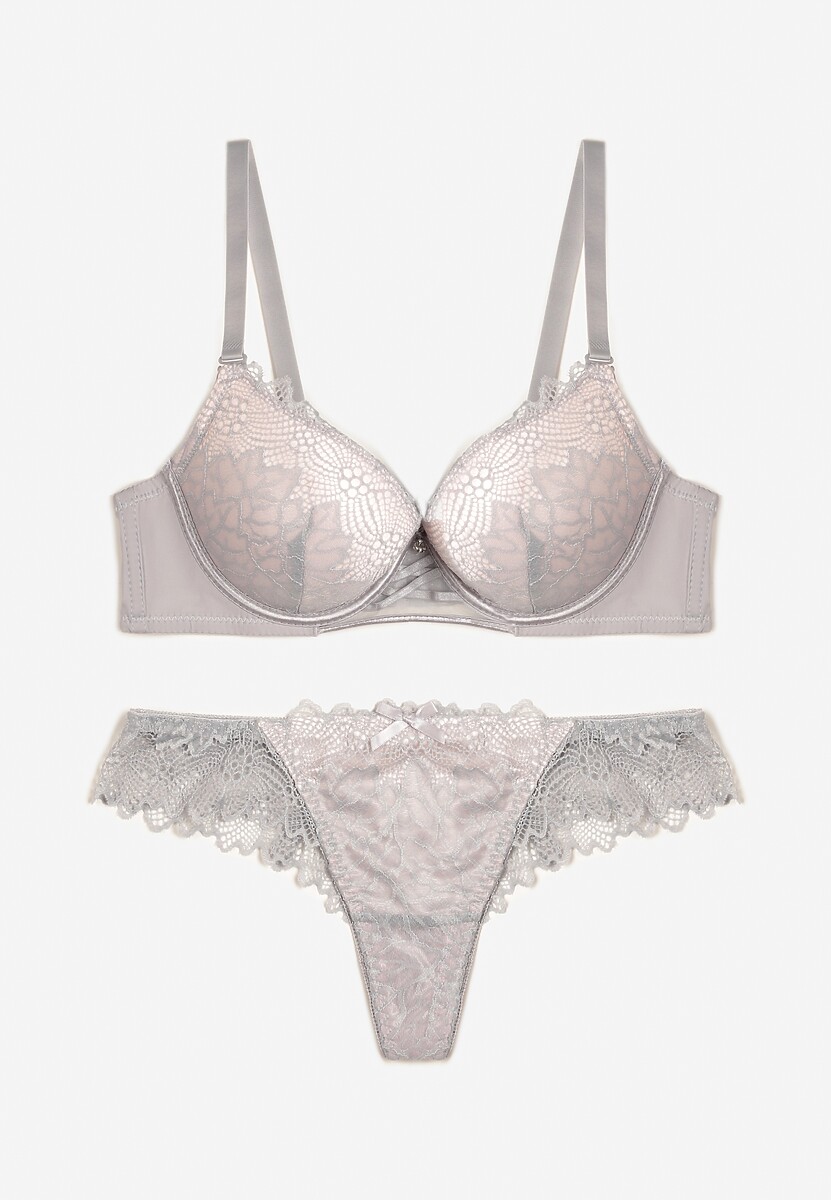 Szaro-Różowy Komplet Biustonosz Push Up i Majtki Ozdobione Romantyczną Koronką Zeril
