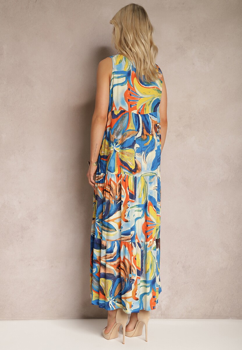 Niebieska Rozkloszowana Sukienka z Falbanką i Wiązaniem przy Dekolcie Karmilla