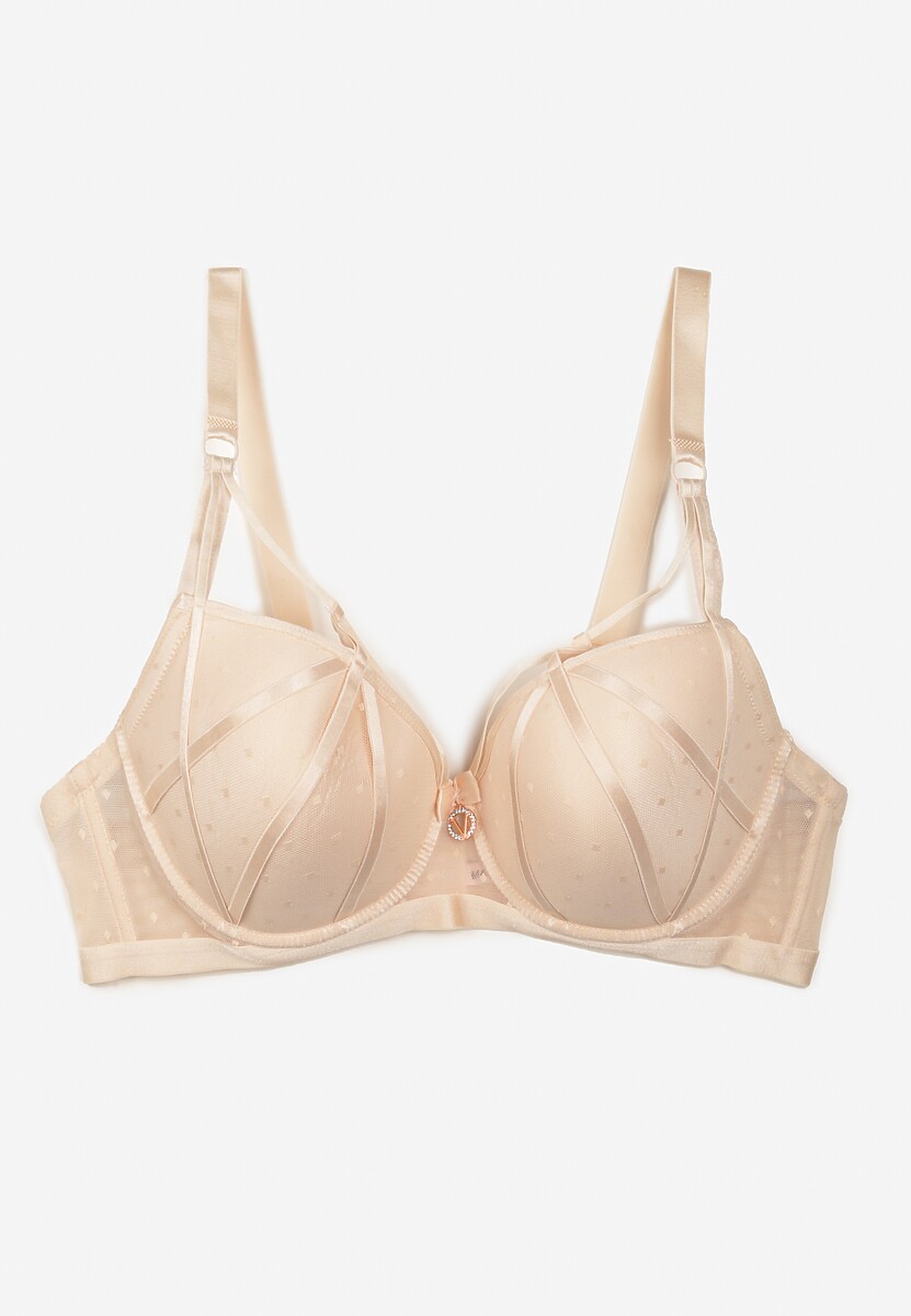 Jasnobeżowy Biustonosz Usztywniony Biustonosz z Ozdobnymi Paskami Idiaria