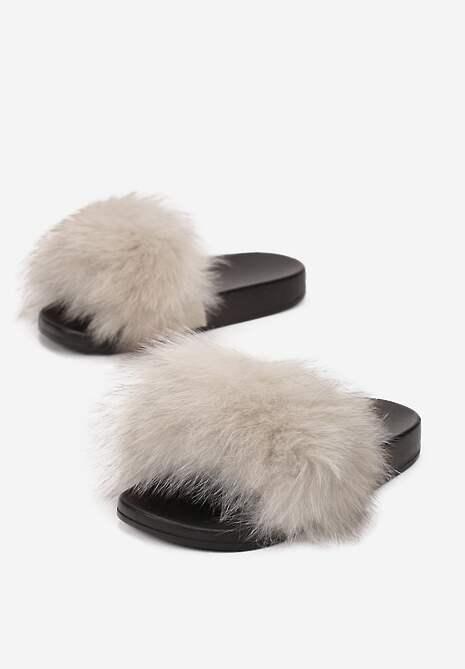 Beżowe Klapki z Futrem Turtlefeather