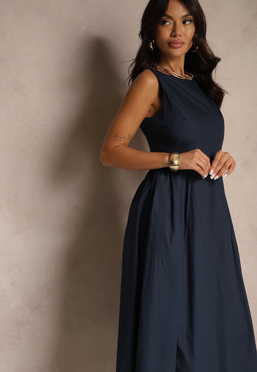 Niebieska Rozkloszowana Sukienka Koktajlowa z Bawełny z Dekoltem Łódką i Kieszeniami Fanilra